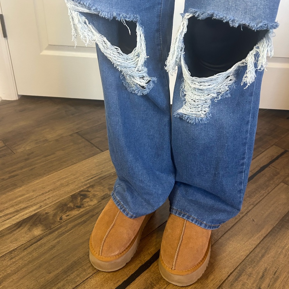 UGG Chestnut Suede Platform Mules with Red Accents - Picture 3 of 9